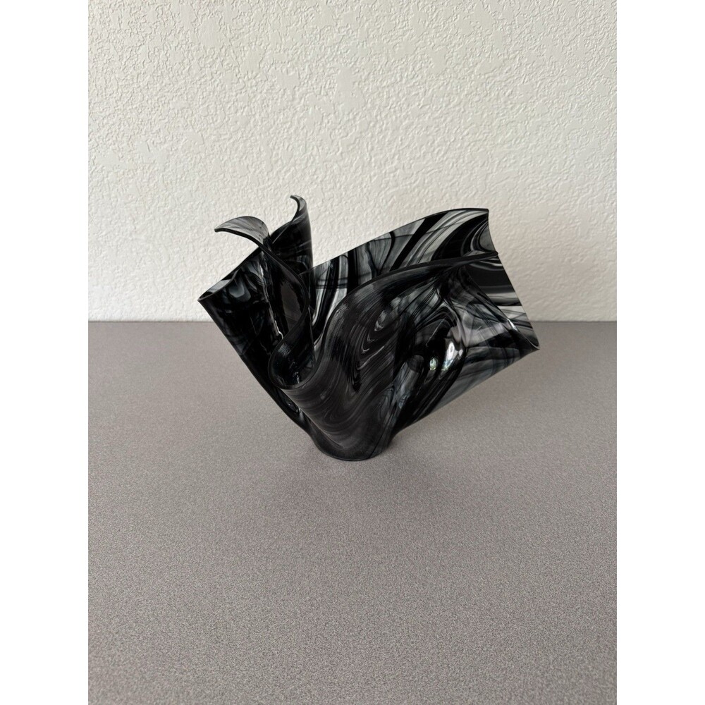 Vintage Signed Art Glass Handkerchief Vase Black Swirl Blown Glass 13” MCM